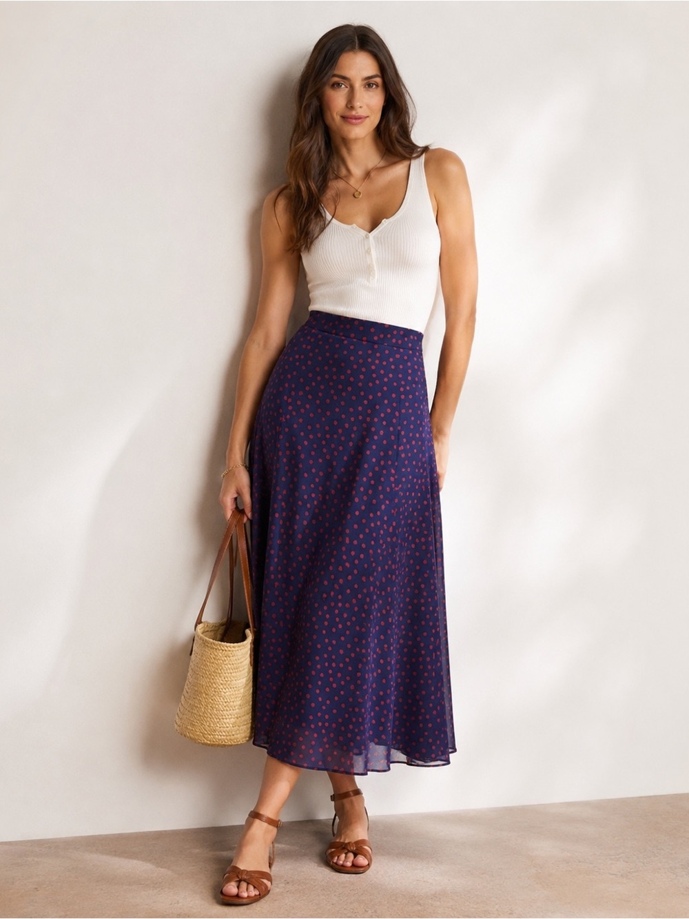 Boden Serena Navy Red Polka Dot Midi Flowy Skirt Size 14